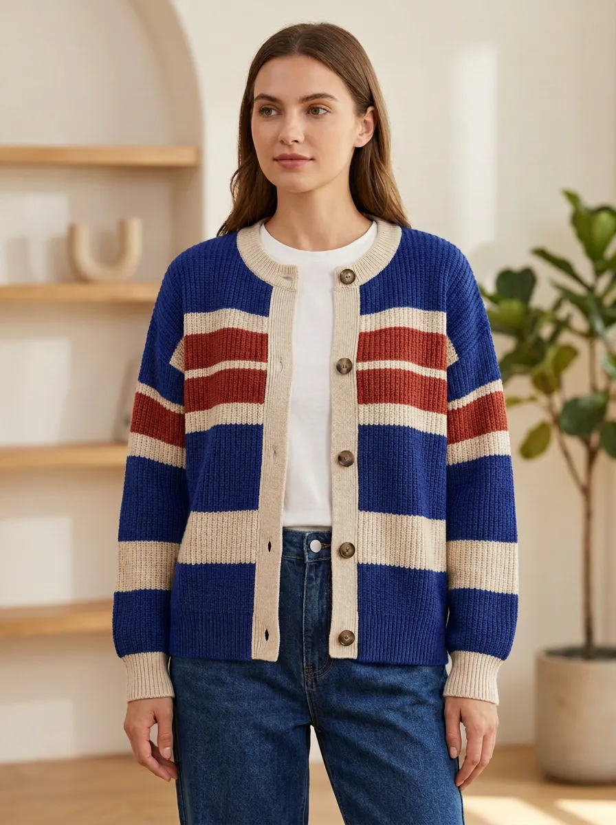 Weekend Rugby Striped Button Front Knit Cardigan