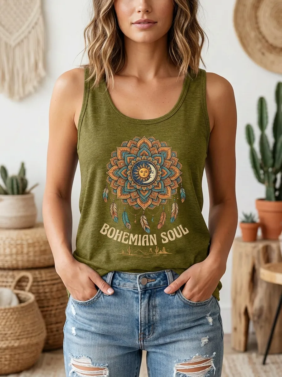 Bohemian Soul Sun Moon Mandala Feather Tank Top