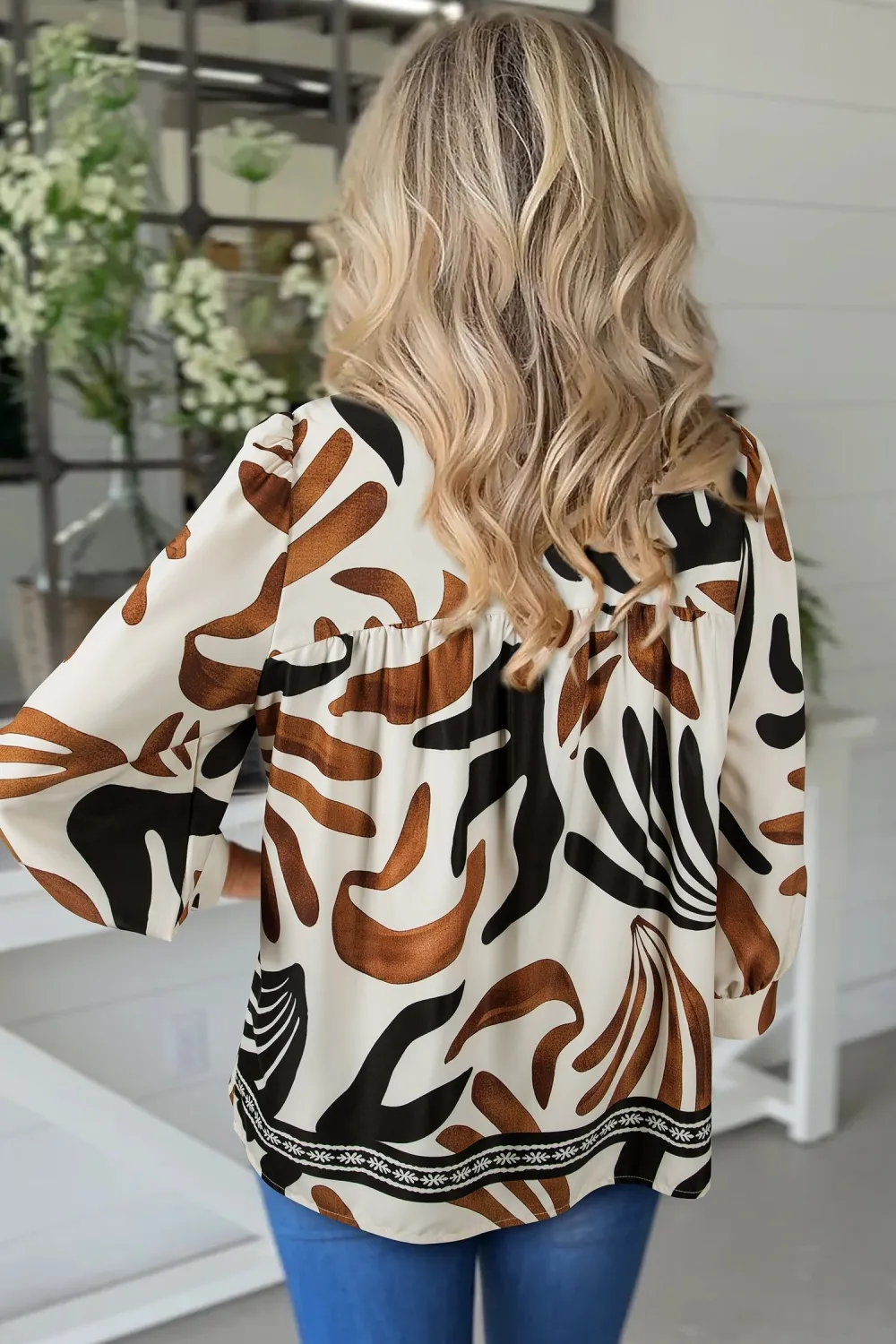 Abstract Print Patchwork Puff Sleeve Blouse