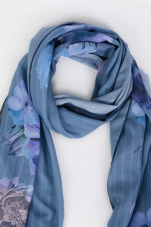 Blue Floral Silk Scarf