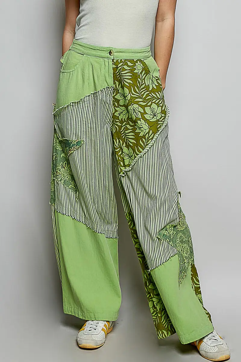 Relaxed Striped Floral Patchwork Wide Leg Pants With Side Big Star Patch