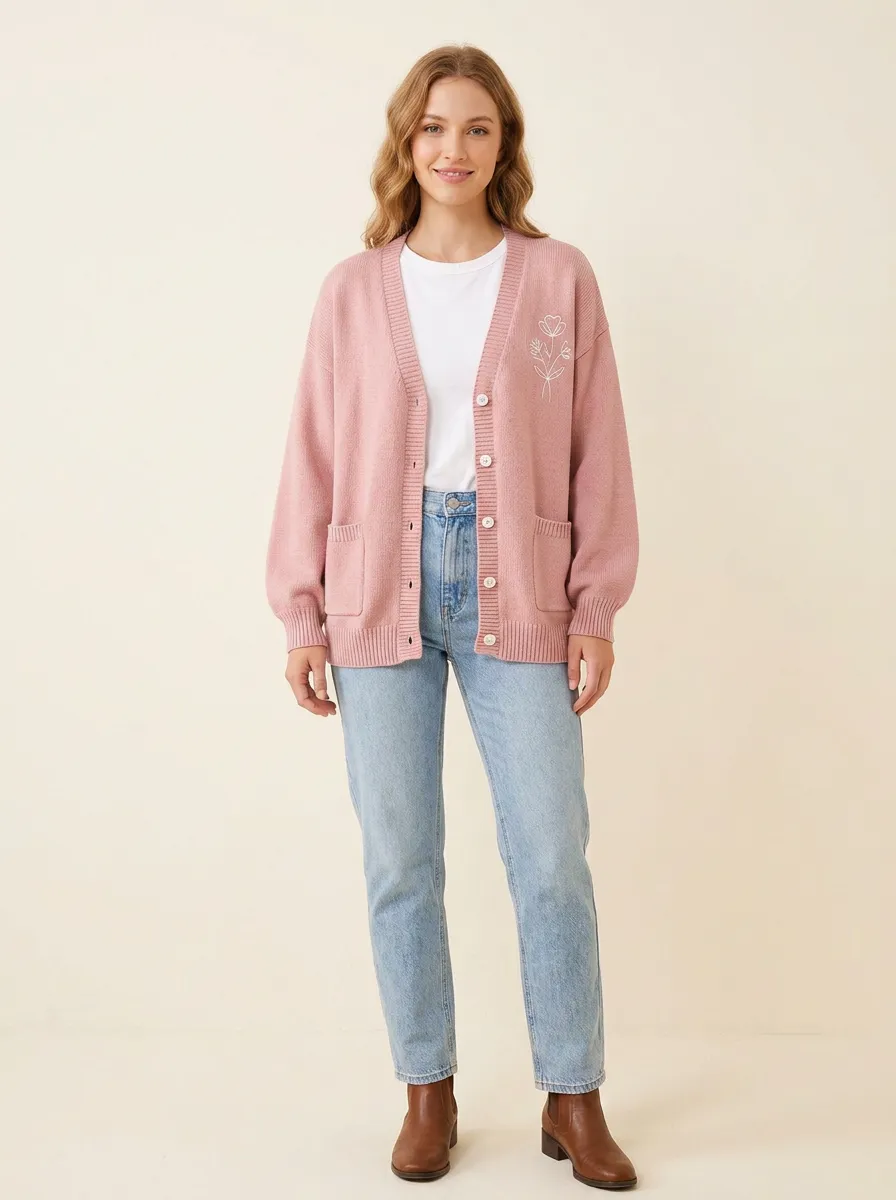 Women's Pink Floral Minimalist Line Art Printed Casual Cardigan