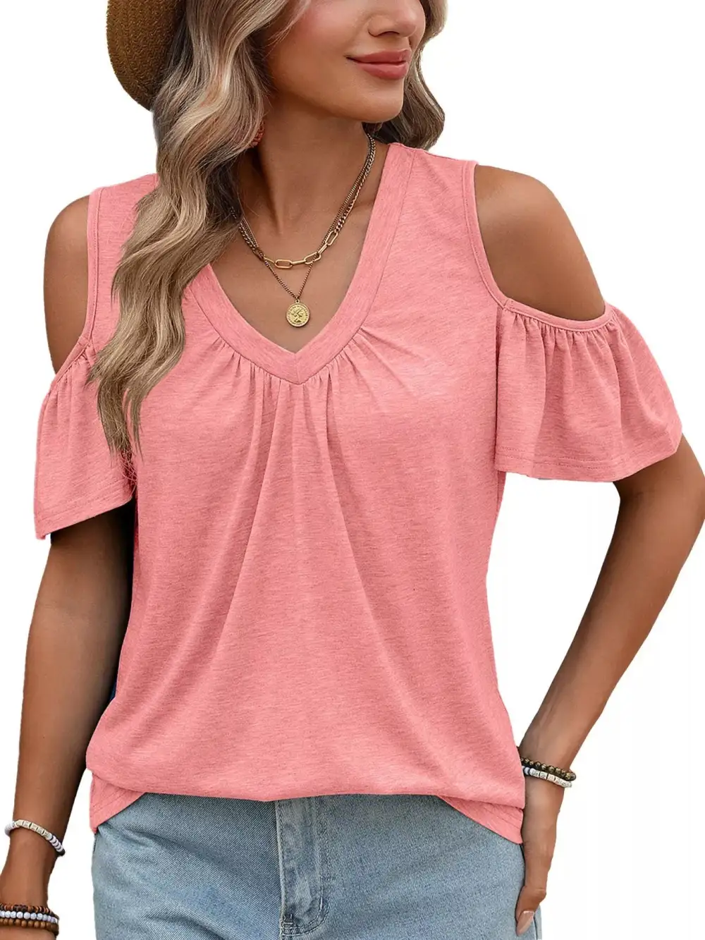 Cold Shoulder V Neck T Shirt