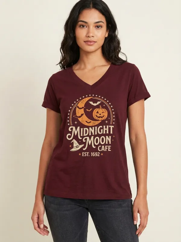 Women's Halloween Midnight Moon Cafe Pumpkin Witch Hat Printed V-neck T-shirt