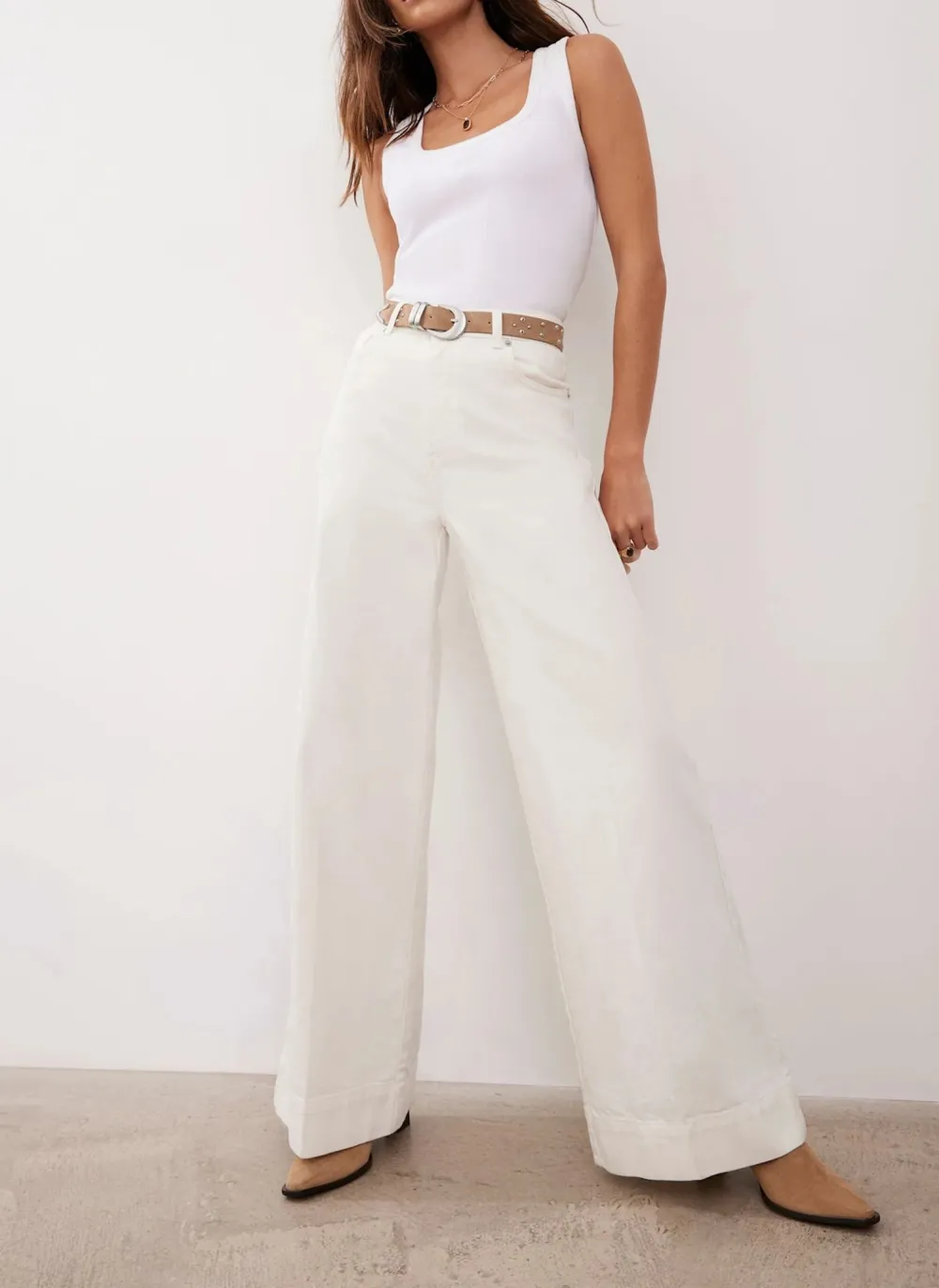 Casual Style Cream Wide Leg Jeans