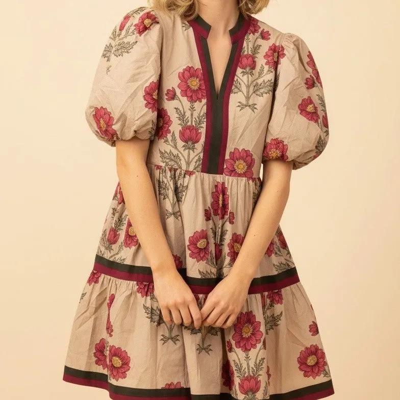Floral Striped Tiered Puff Sleeve Dress