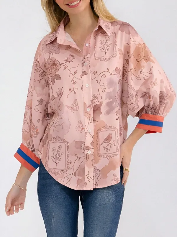 Women's Floral Bird Butterfly Watercolor Printed Button-up Shirt