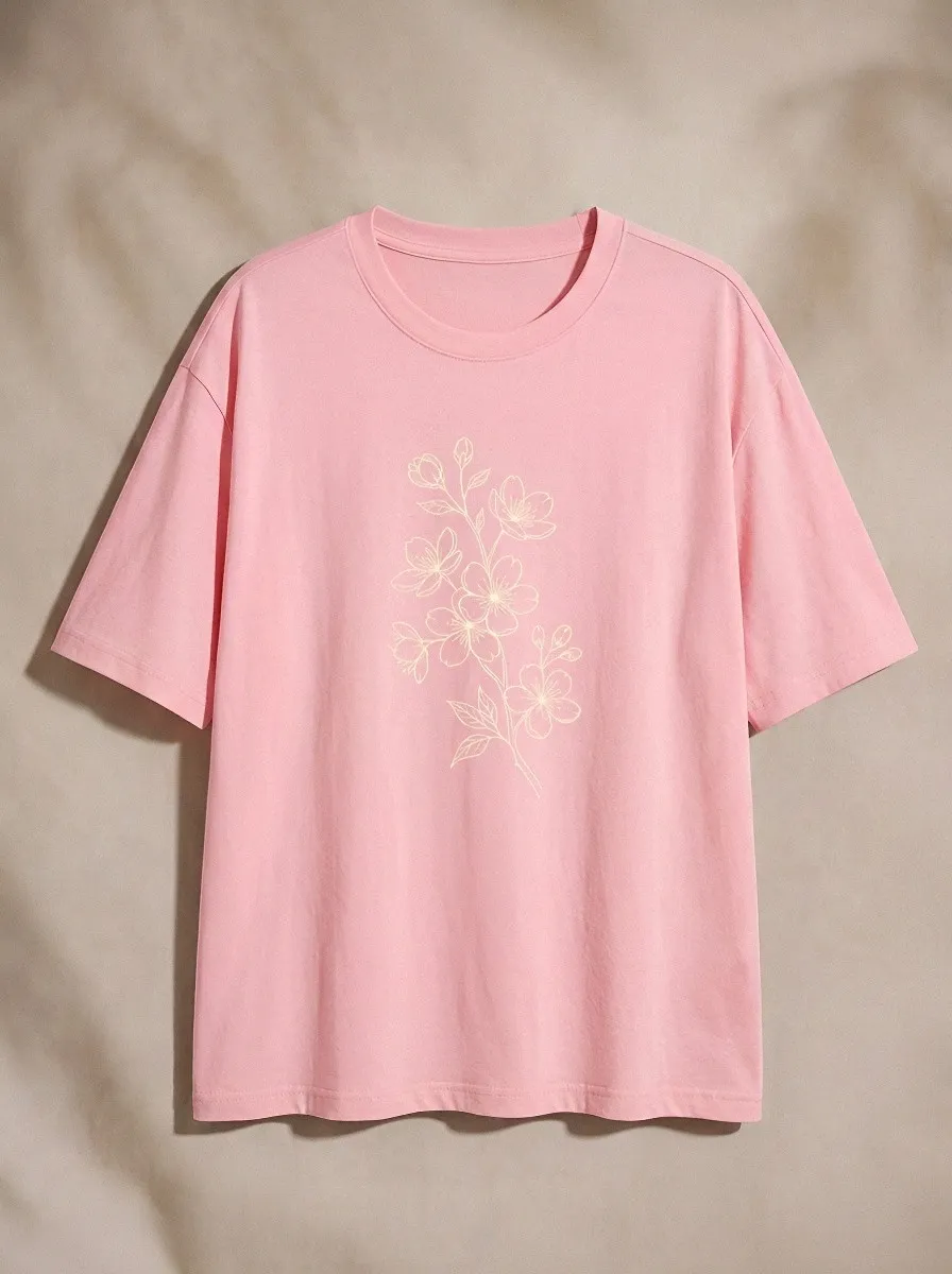 Unisex Nature Lover Cherry Blossom Line Art Printed T-shirt