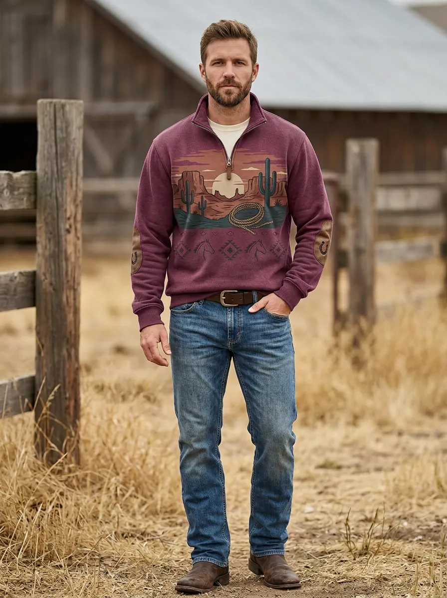 Men's Western Cowboy Lasso Desert Sunset Sun Half-Zip Sweatshirt