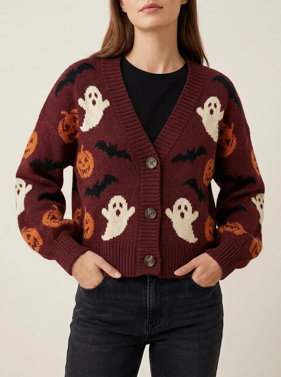 Women's Spooky Ghost Pumpkin Bat Halloween Knit Cardigan