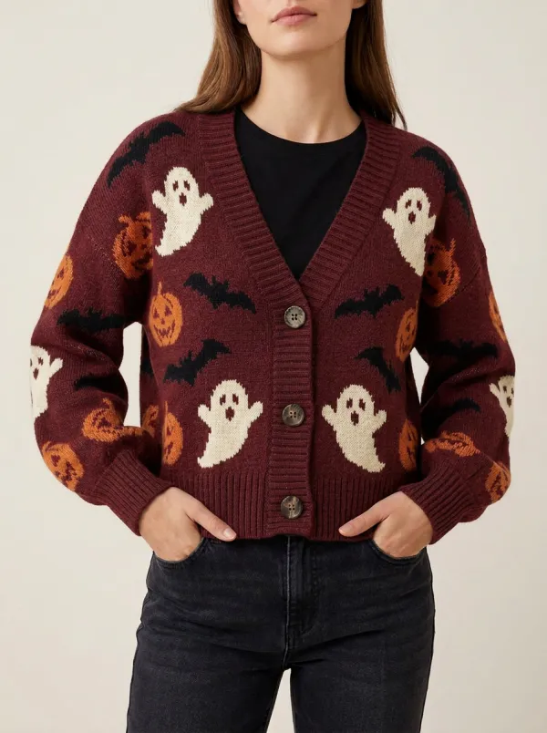 Women's Spooky Ghost Pumpkin Bat Halloween Knit Cardigan
