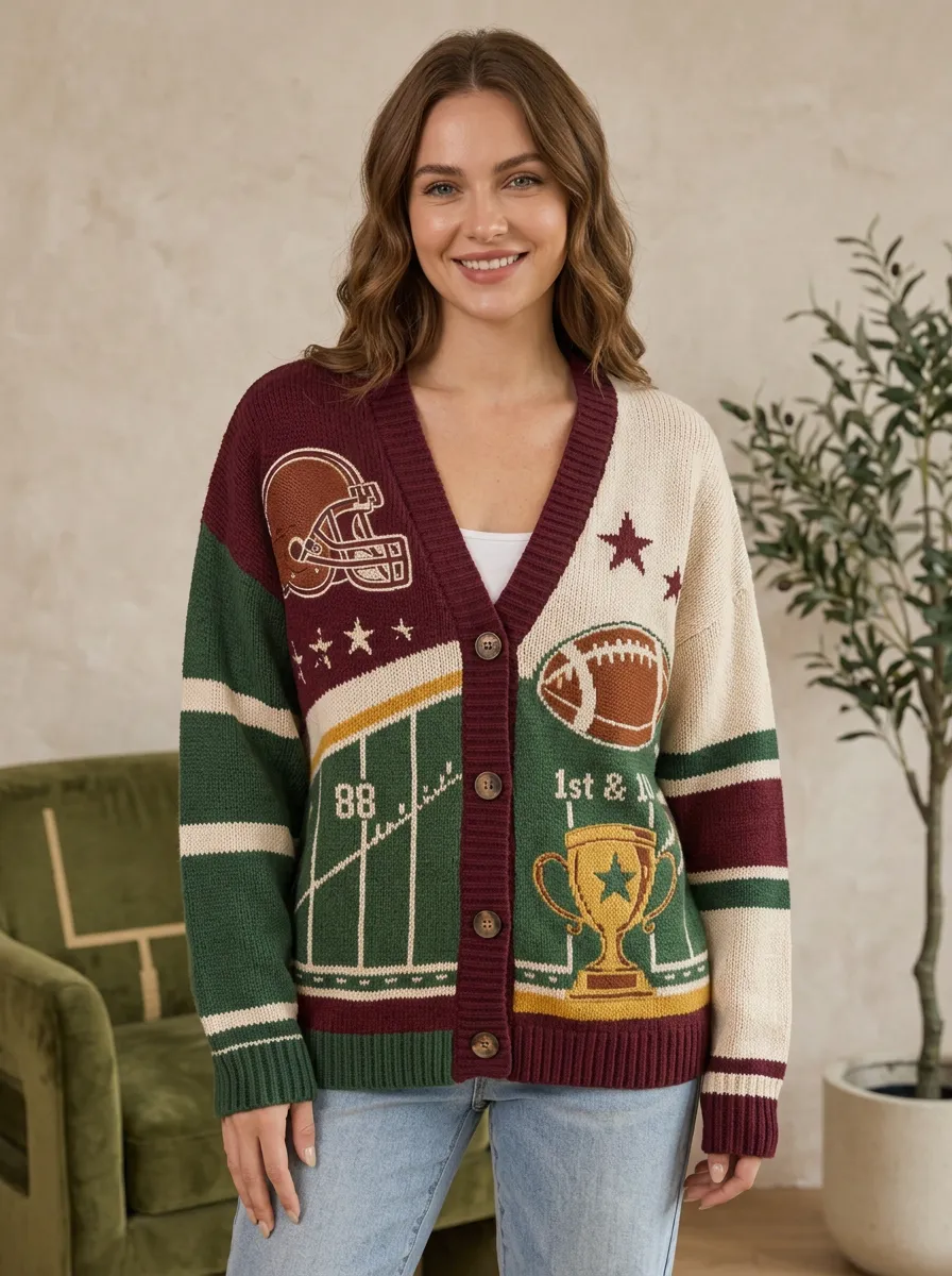 Women's American Football Fan Helmet Trophy Pattern Knitted Cardigan