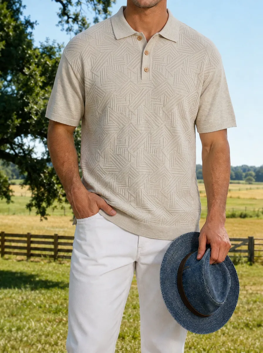 Men's Casual Geometric Pattern Textured Printed Polo Shirt
