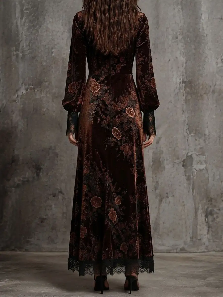 Vintage Velvet Floral Lace V Neck Puff Sleeve Evening Dress