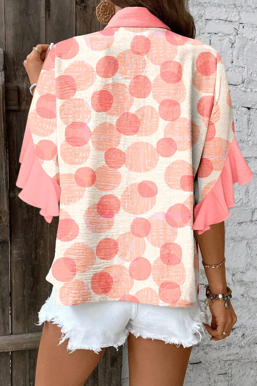 Ruffled Short Sleeve Dot Print Shirt Blouse