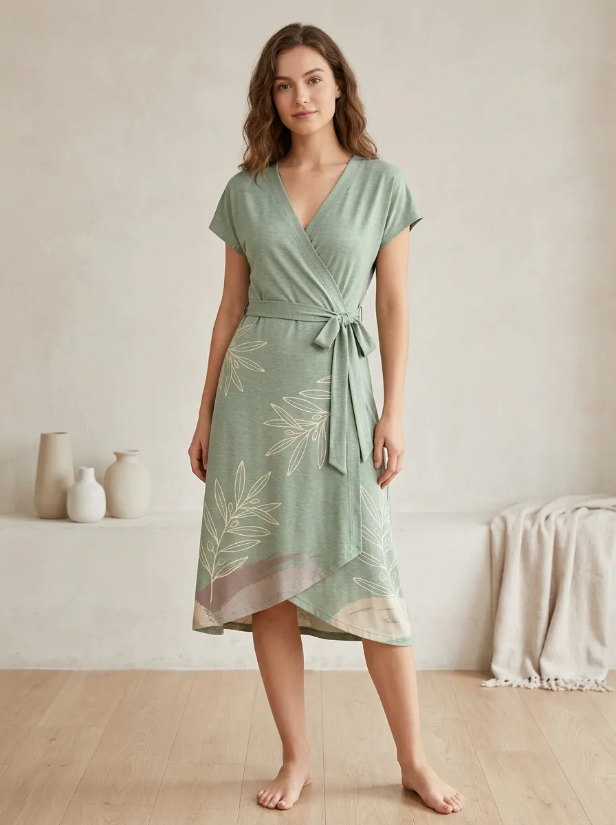 Women's Botanical Olive Leaf Printed Wrap Dress