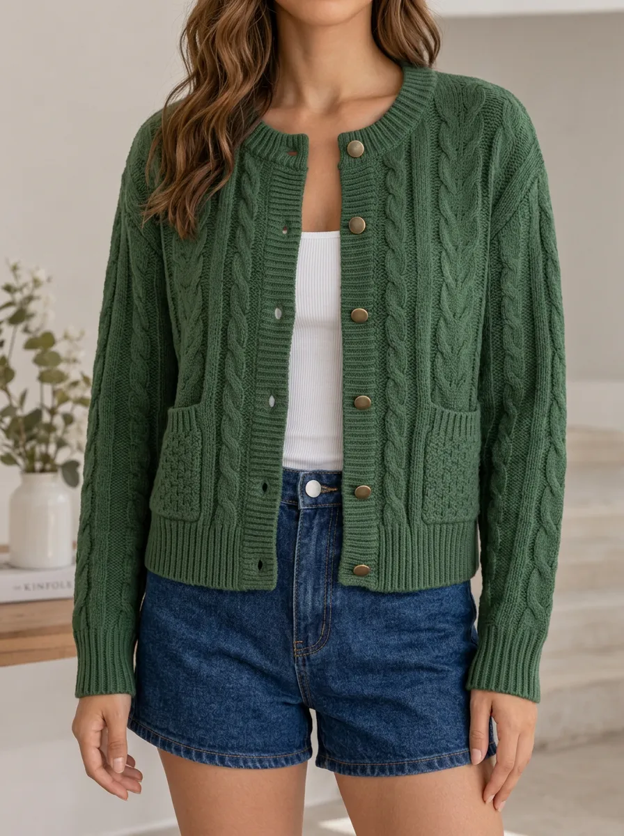 Women's Cable Knit Button Front Crew Neck Cardigan