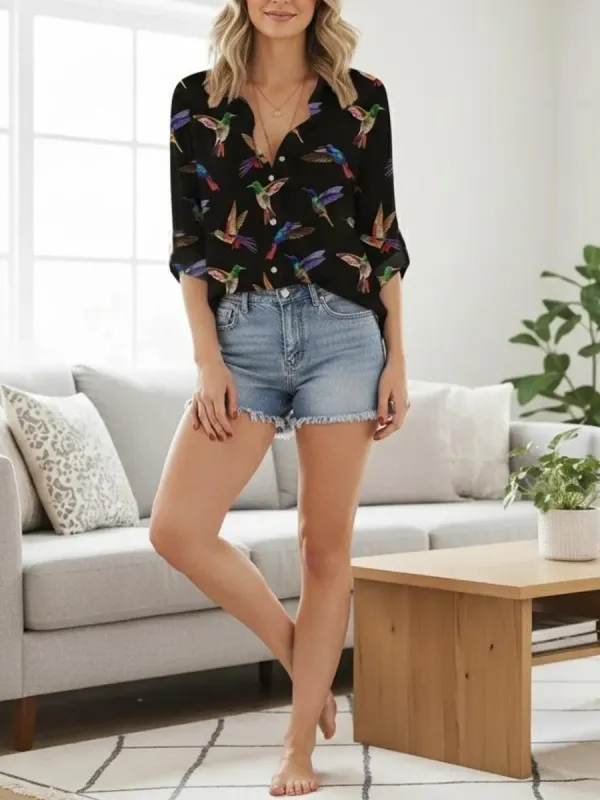 Hummingbird Print Button-Up Shirt