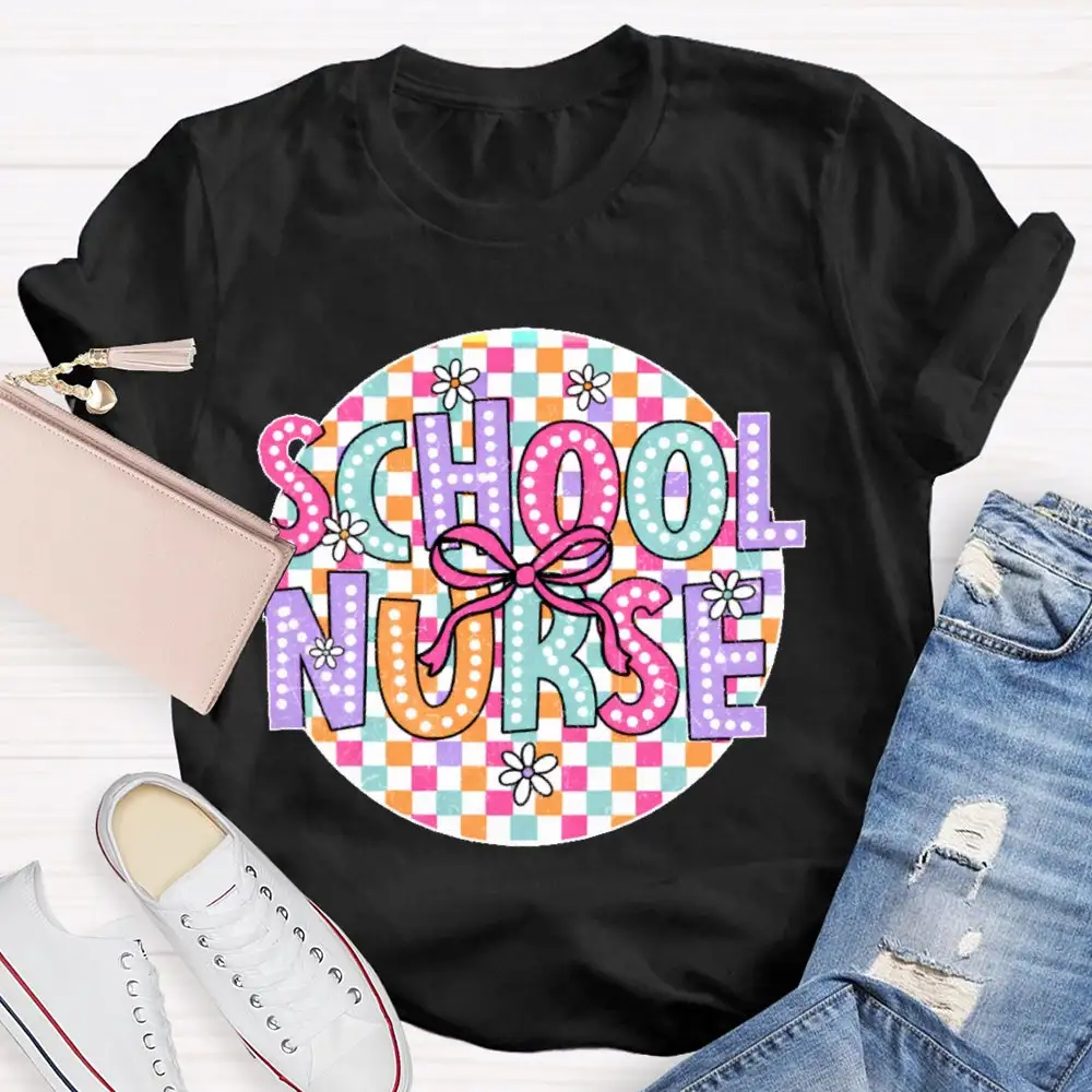 School Nurse Colorful Checkered T-Shirt