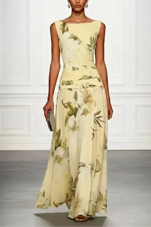 Margovil Boat Neck Sleeveless Floral Print A-line Maxi Dress