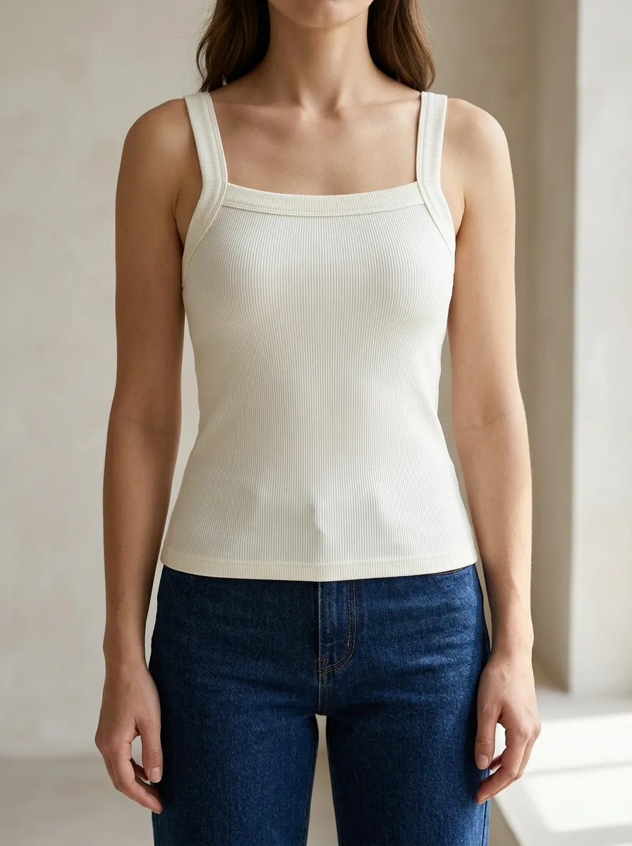 Women's Easygoing Layered Square Neck Wide Strap Ribbed Straight Hem Camisole Top
