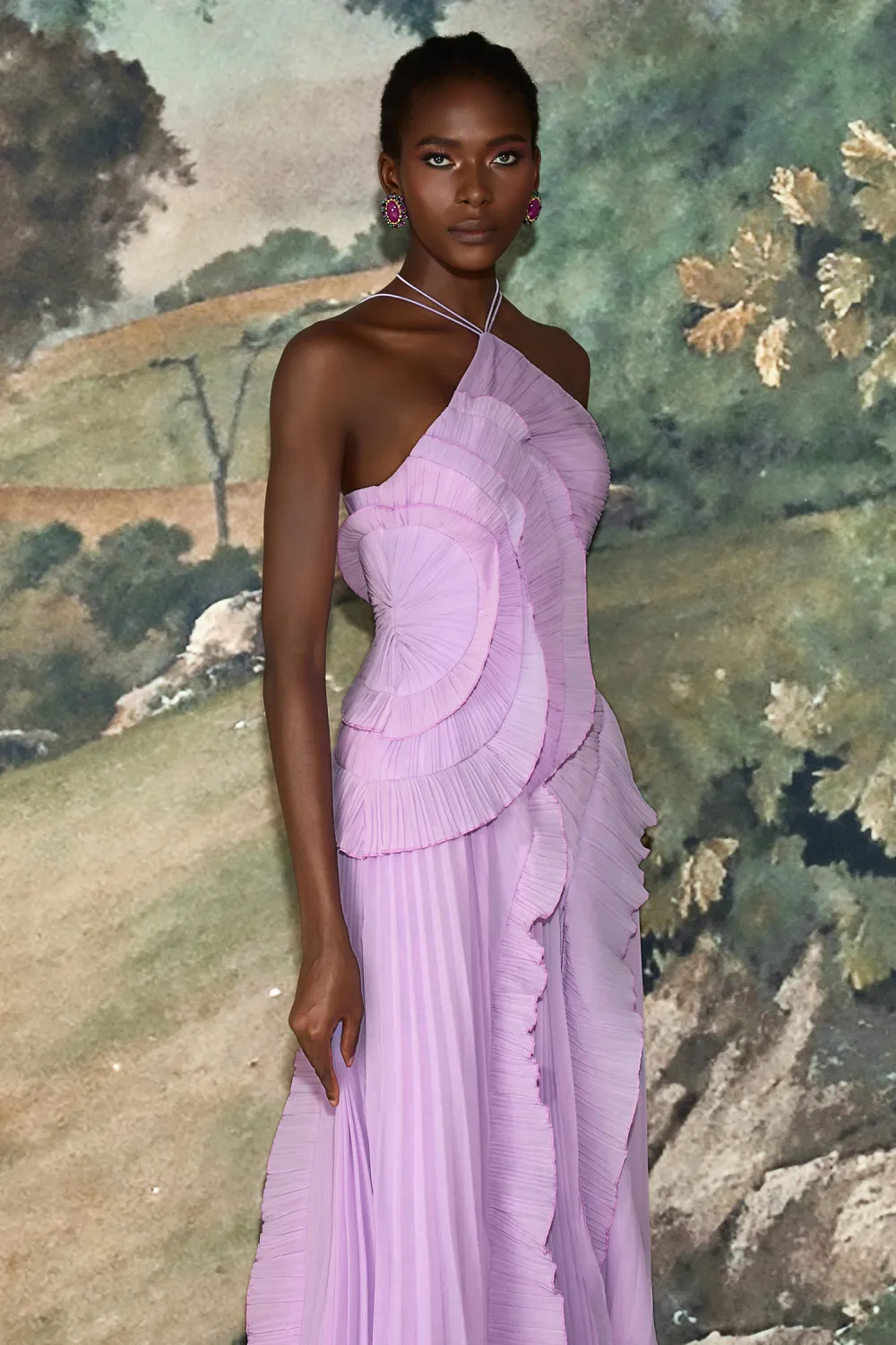 Pleated Frill Halter Neck Midi Dress