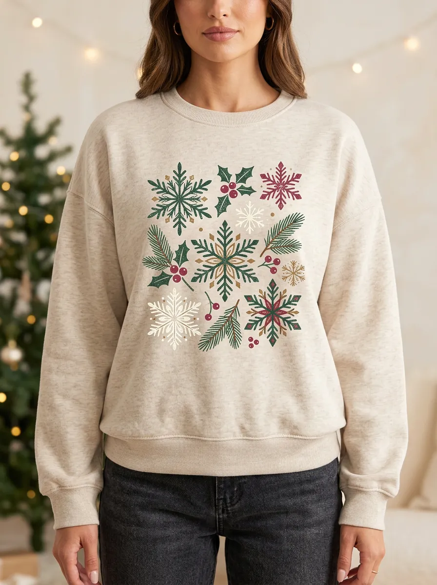 Christmas Snowflake Holly Print Sweatshirt