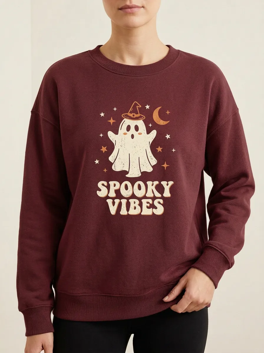 Women's Halloween Spooky Vibes Ghost Witch Hat Printed Sweatshirt