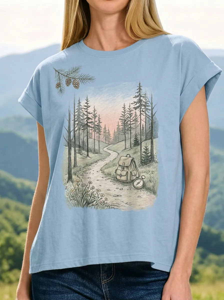 Women's Hiking Lover Forest Trail Backpack Compass Printed T-shirt