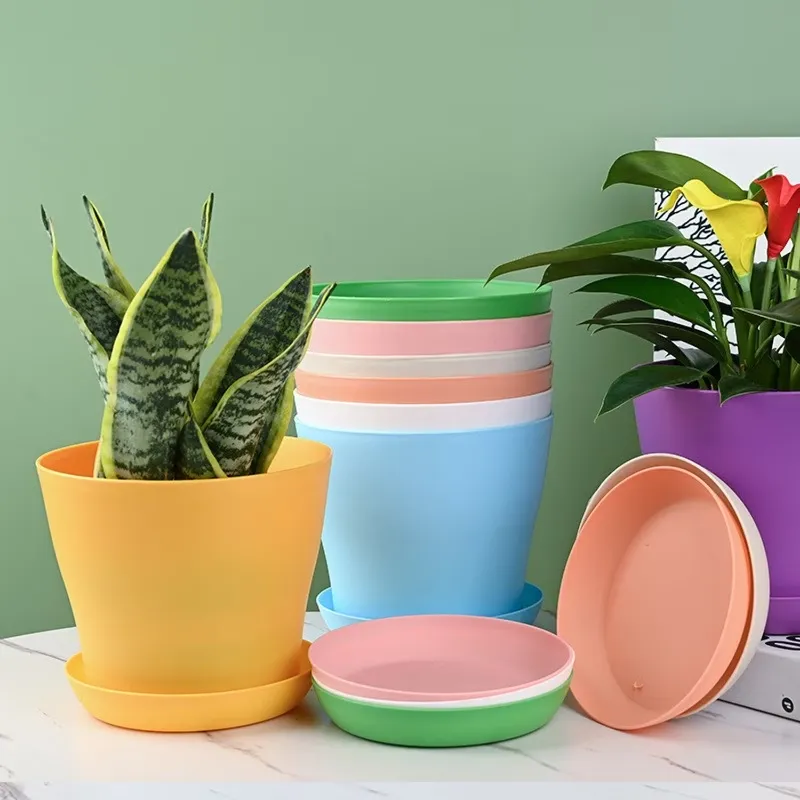 Colorful Plastic Plant Pot with Drainage Tray