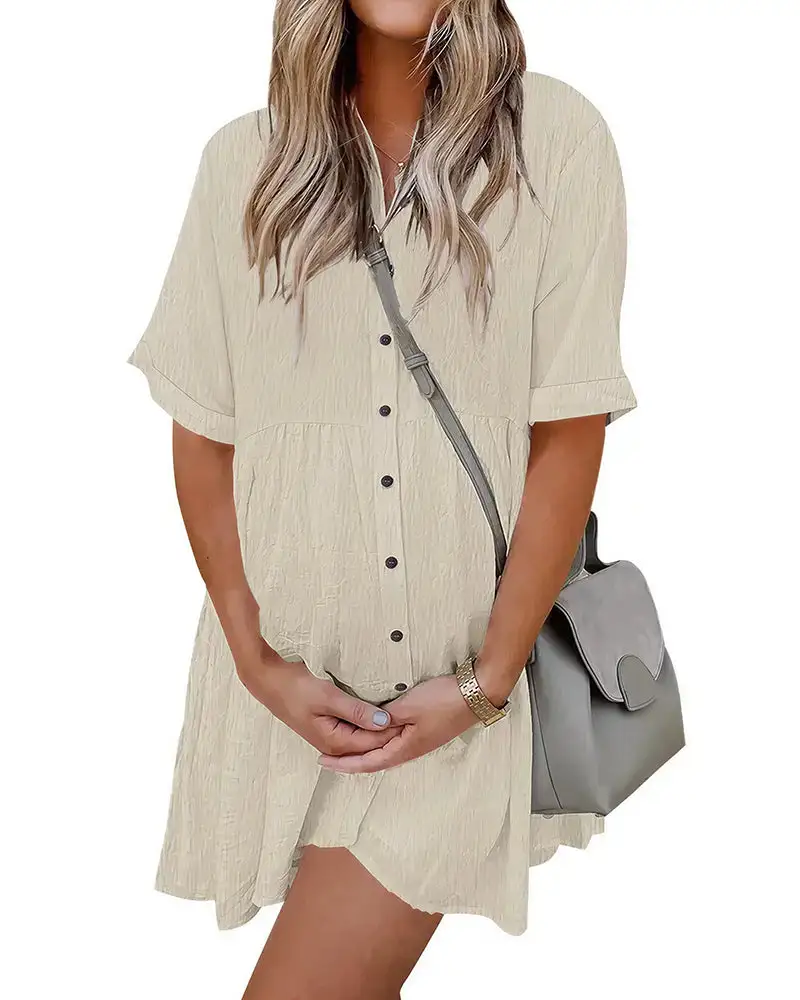 Effortless Button-Down Short Sleeve Shirt Dress With Pockets