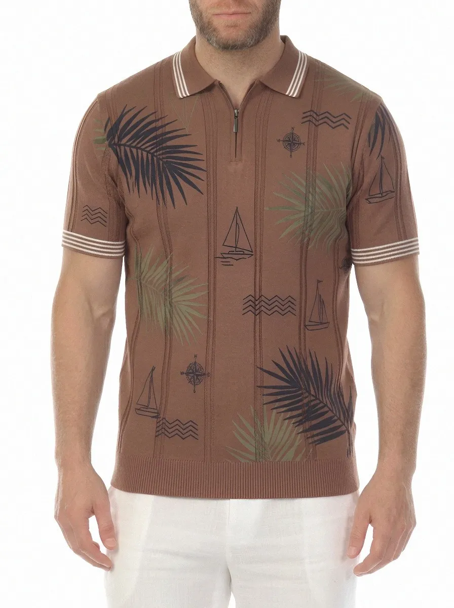 Men's Nautical Tropical Palm Sailboat Printed Zip Polo Shirt