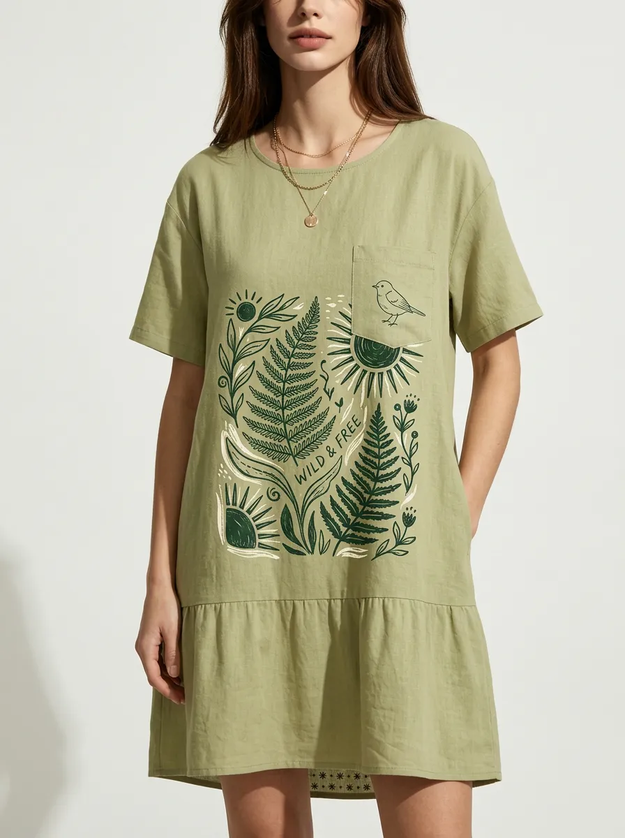 Nature Lover Fern Sun Bird T-Shirt Dress