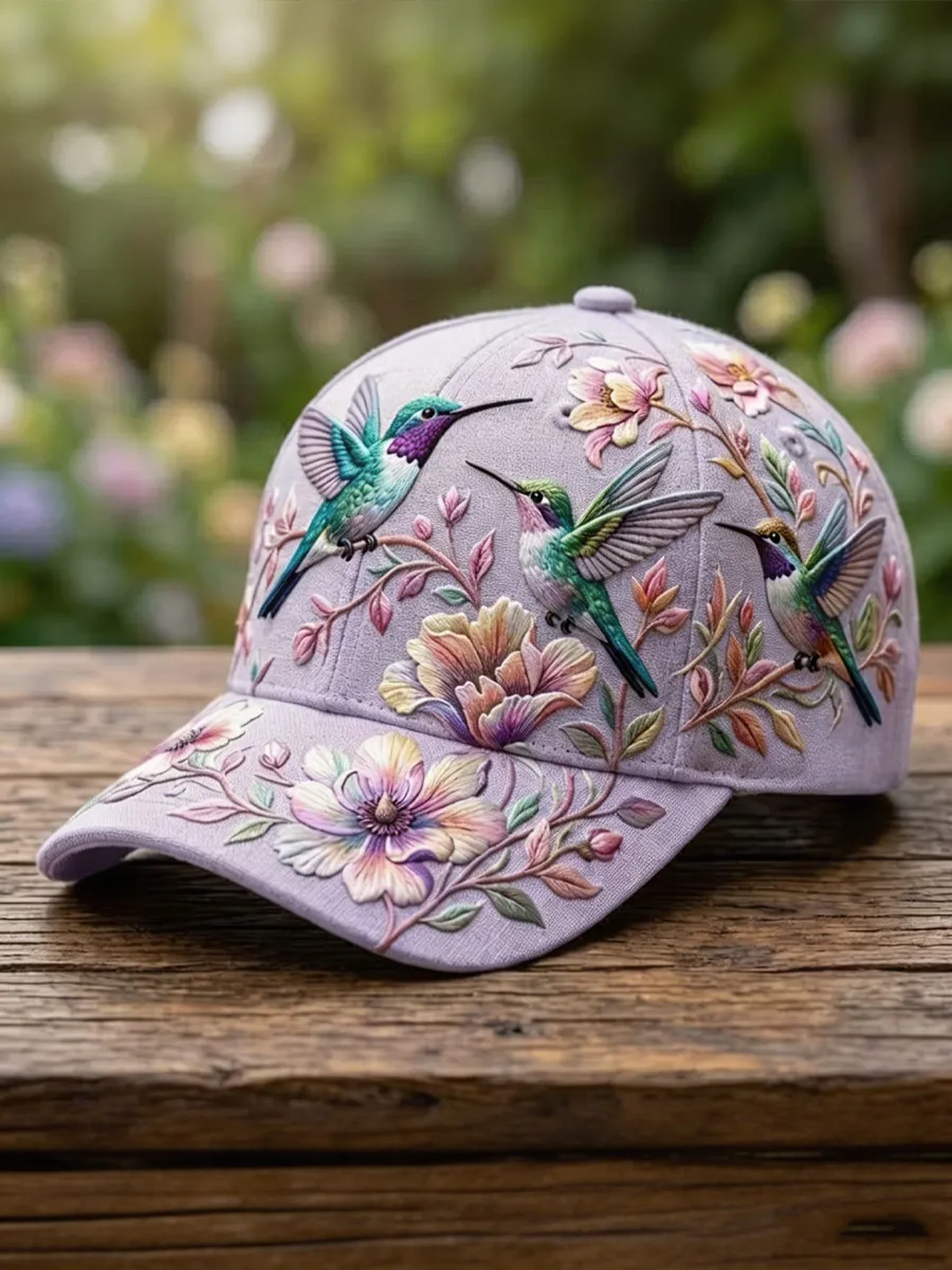 Hummingbird & Floral Art Print Casual Baseball Cap