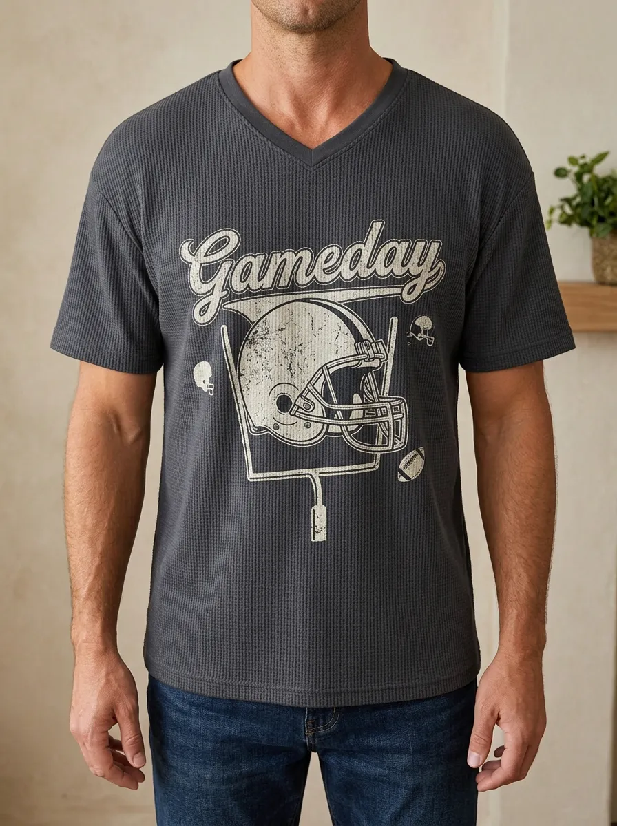 Men's Football Gameday Helmet Graphic Printed Waffle V-Neck Top