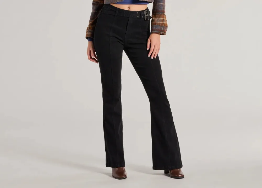 Black High-Rise Bootcut Belted Pants