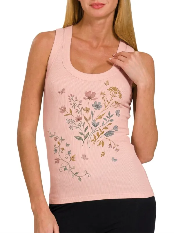 Women's Floral Butterfly Nature Lover Printed Ribbed Tank Top
