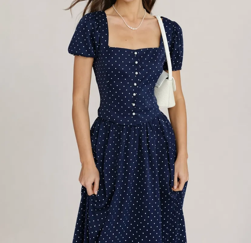 Blue Square Neck Polka Dot Blouse