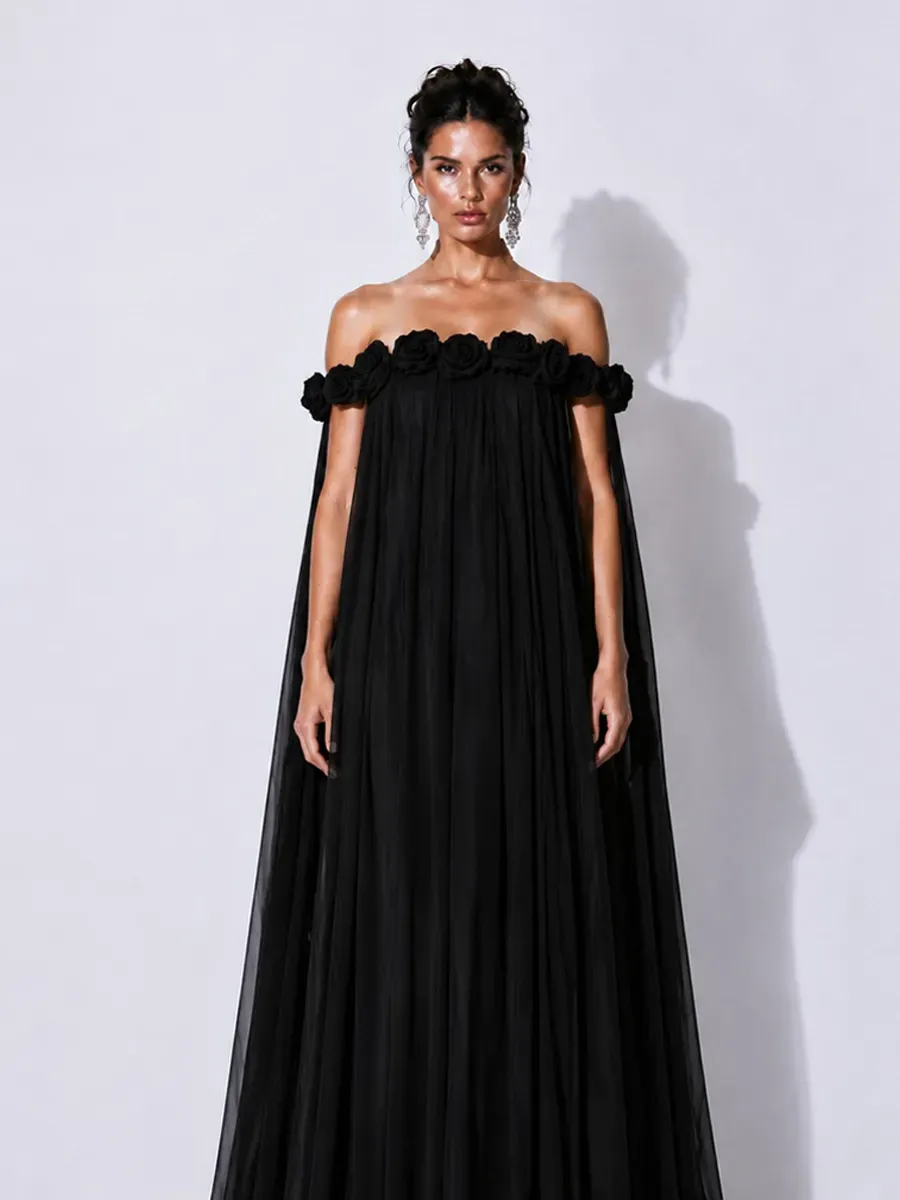 Grace 3D Floral Pleated Off-Shoulder Maxi Dress