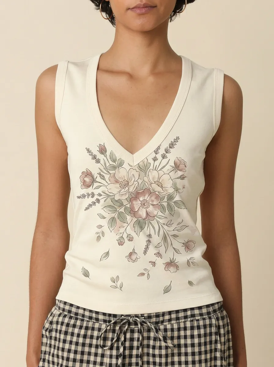 Women's Botanical Floral Bouquet Printed V-Neck Tank Top