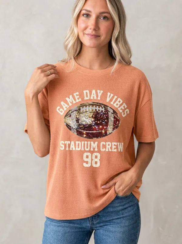 Women's Football Ball Sequin Waffle Graphic T-Shirt