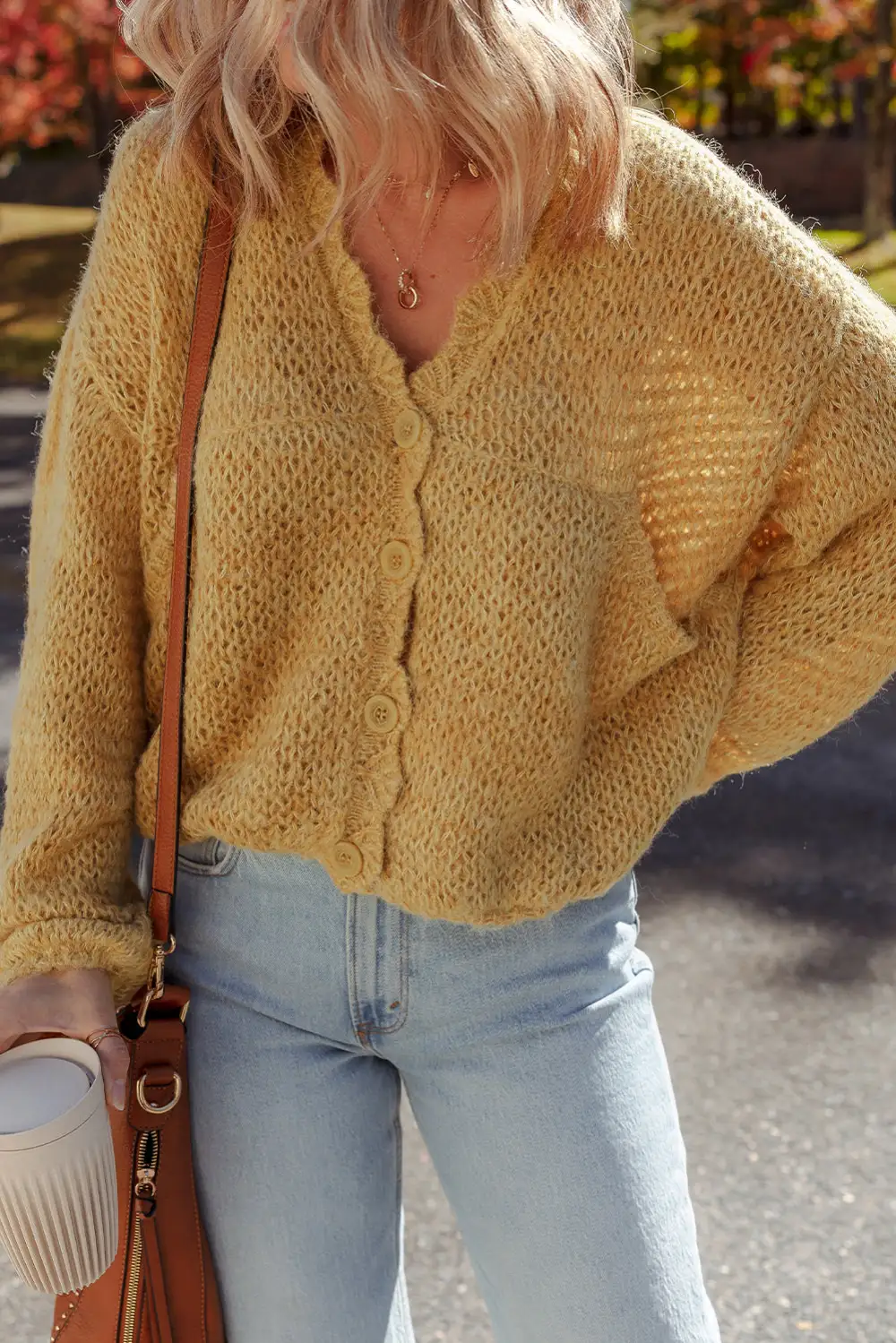 Lantern Sleeve Scallop V Neck Button Front Cardigan