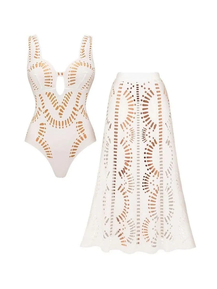 Ophira White Hollow Out Swimsuit Set