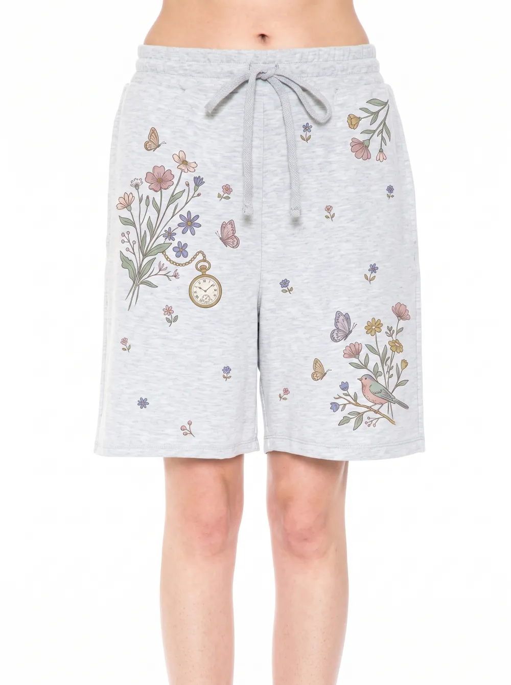 Women's Vintage Floral Bird Butterfly Pocket Watch Printed Shorts