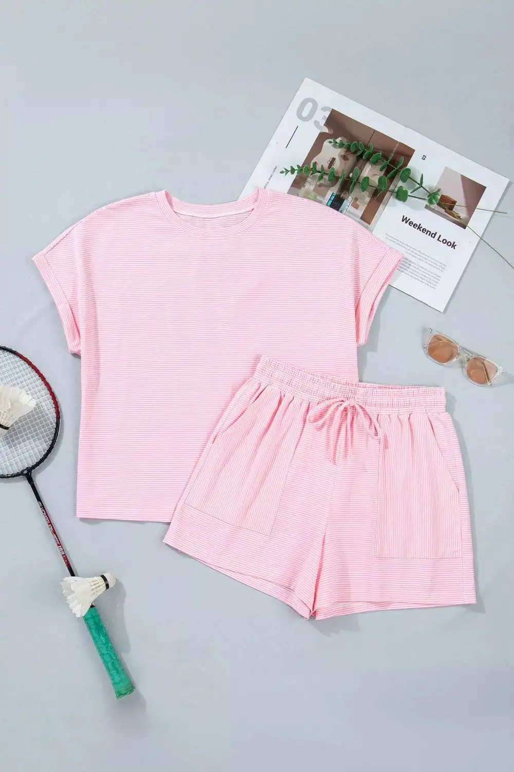 Stripe Matching Oversized Tee Drawstring Shorts Set