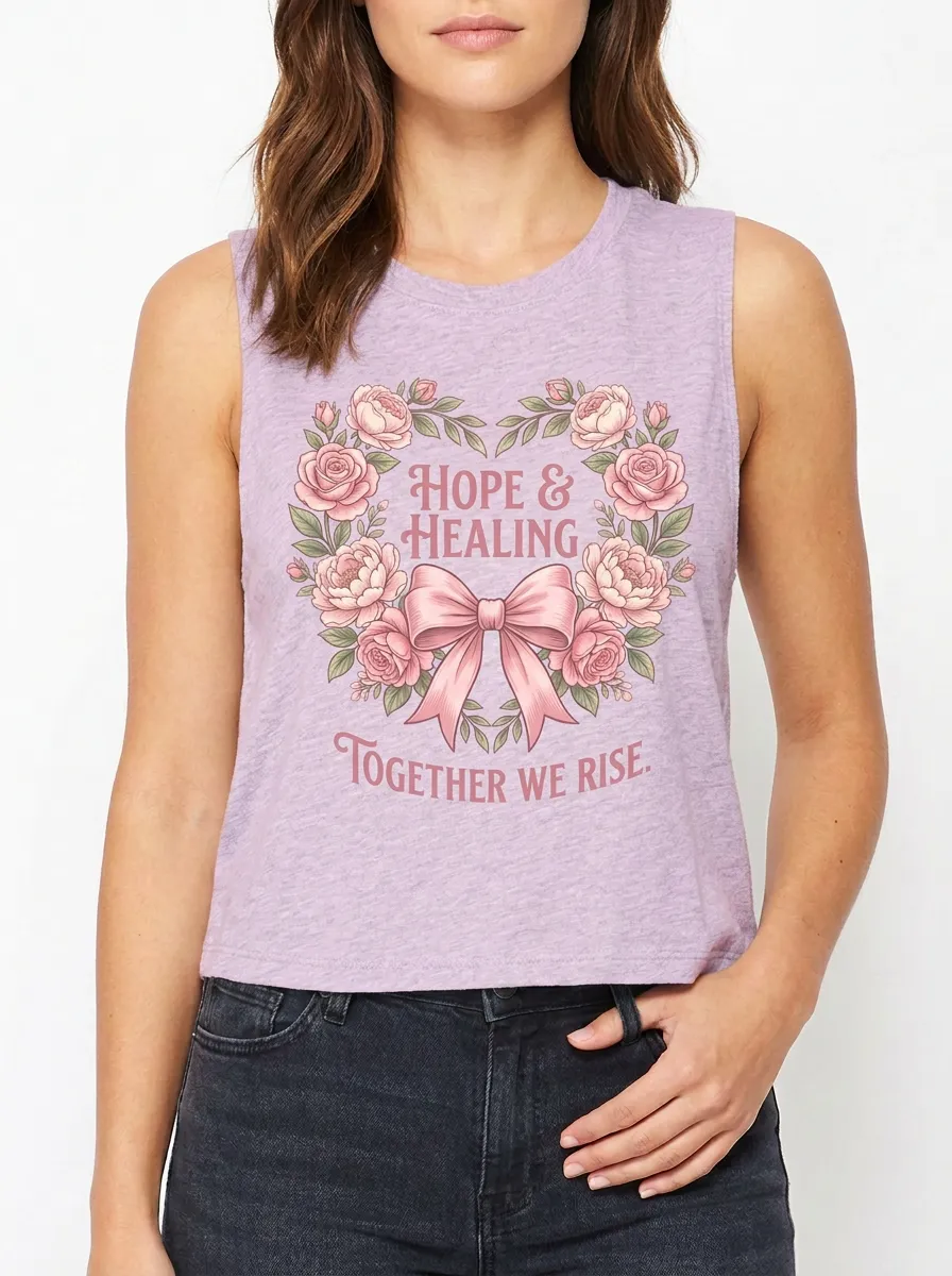 Women's Breast Cancer Awareness Floral Heart Ribbon Printed Muscle Tank Top