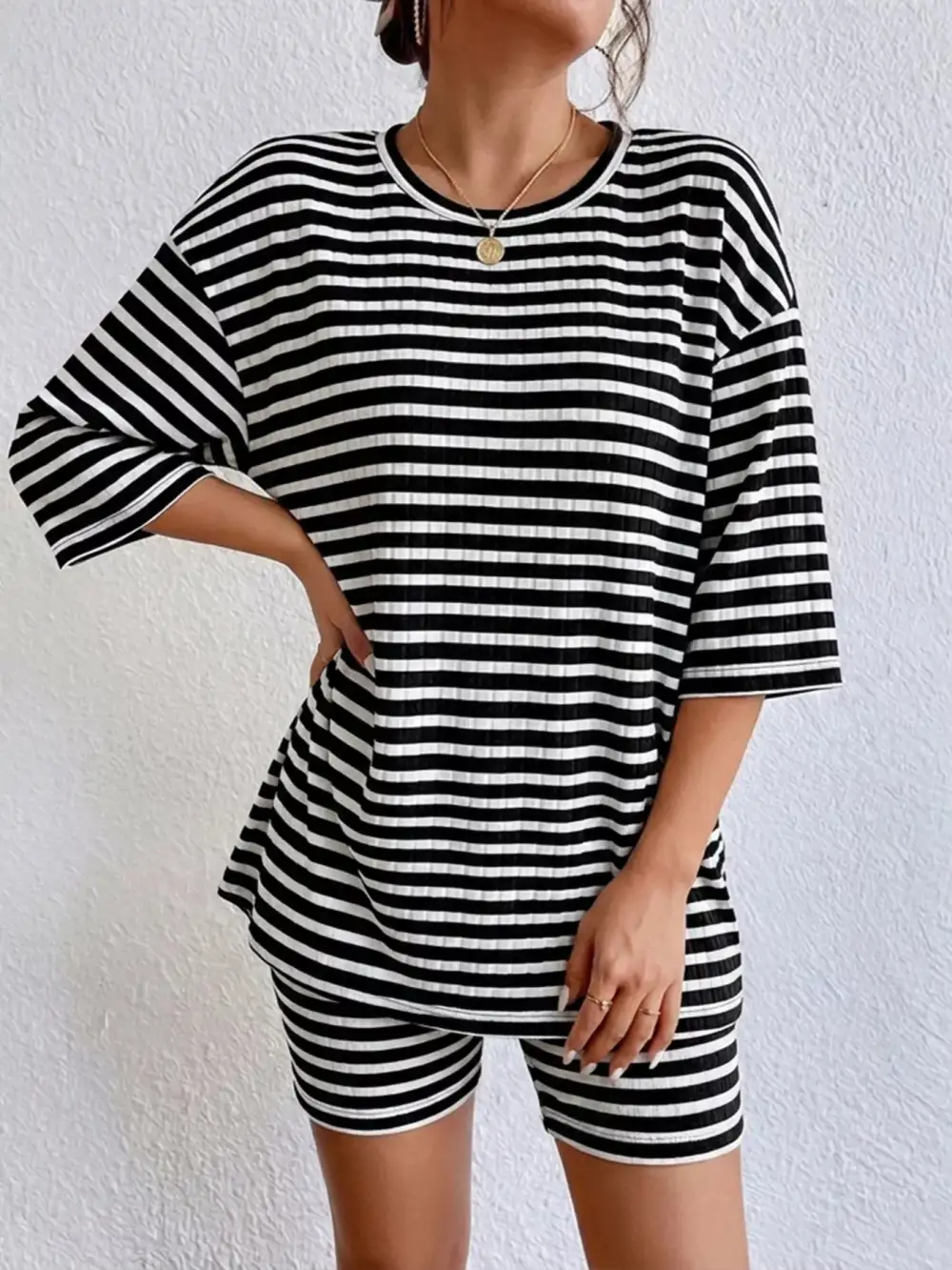 Striped Round Neck Top Shorts Set