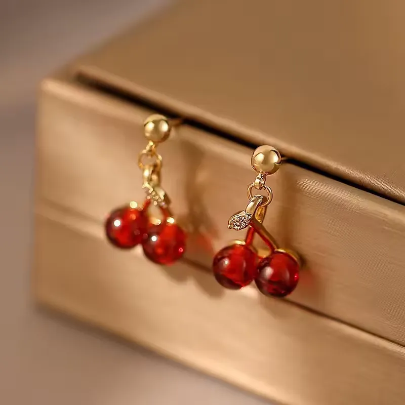 Fashionable wine-red cherry-shaped earrings