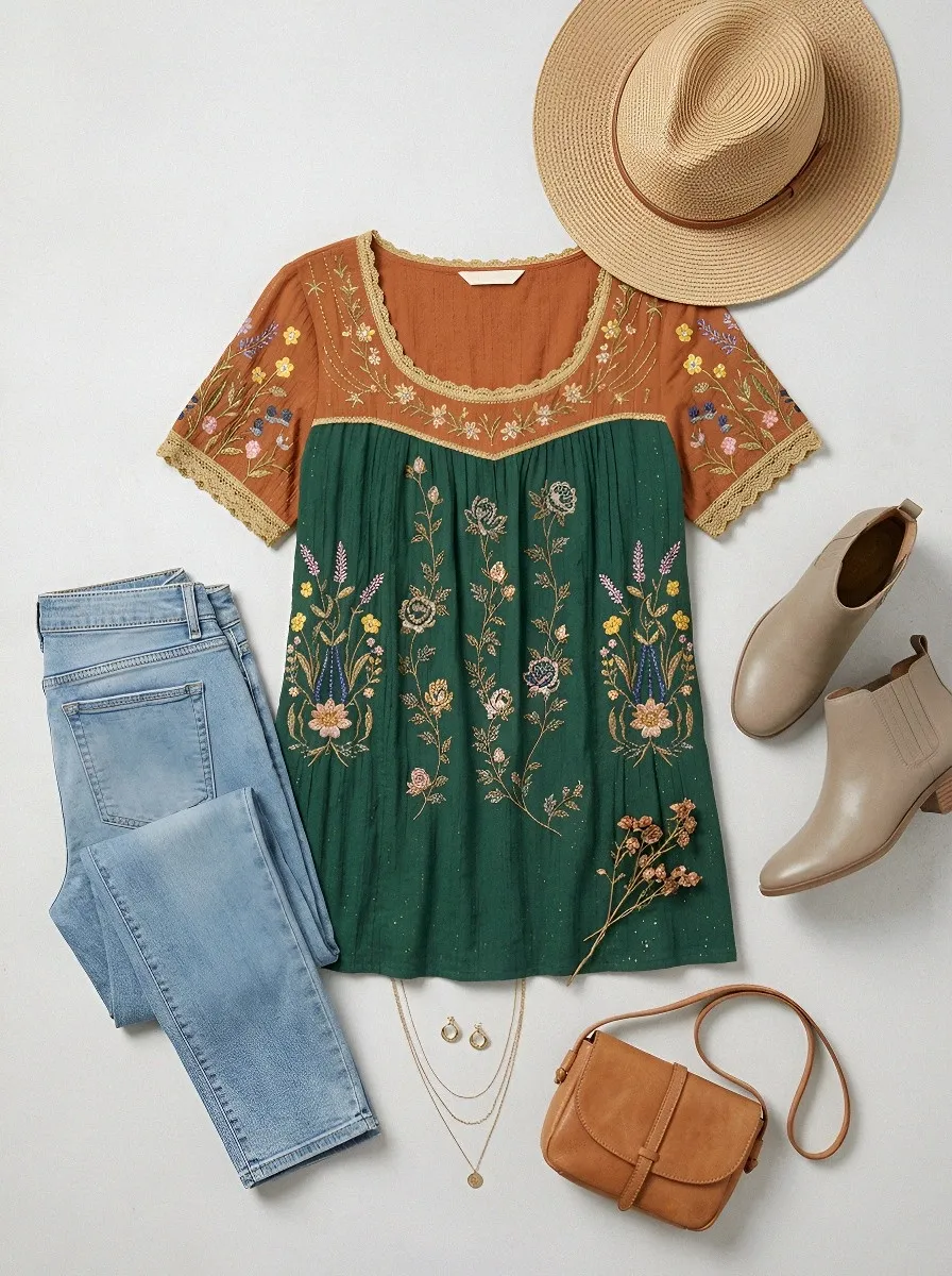 Women's Boho Floral Embroidered Vintage Printed T-shirt