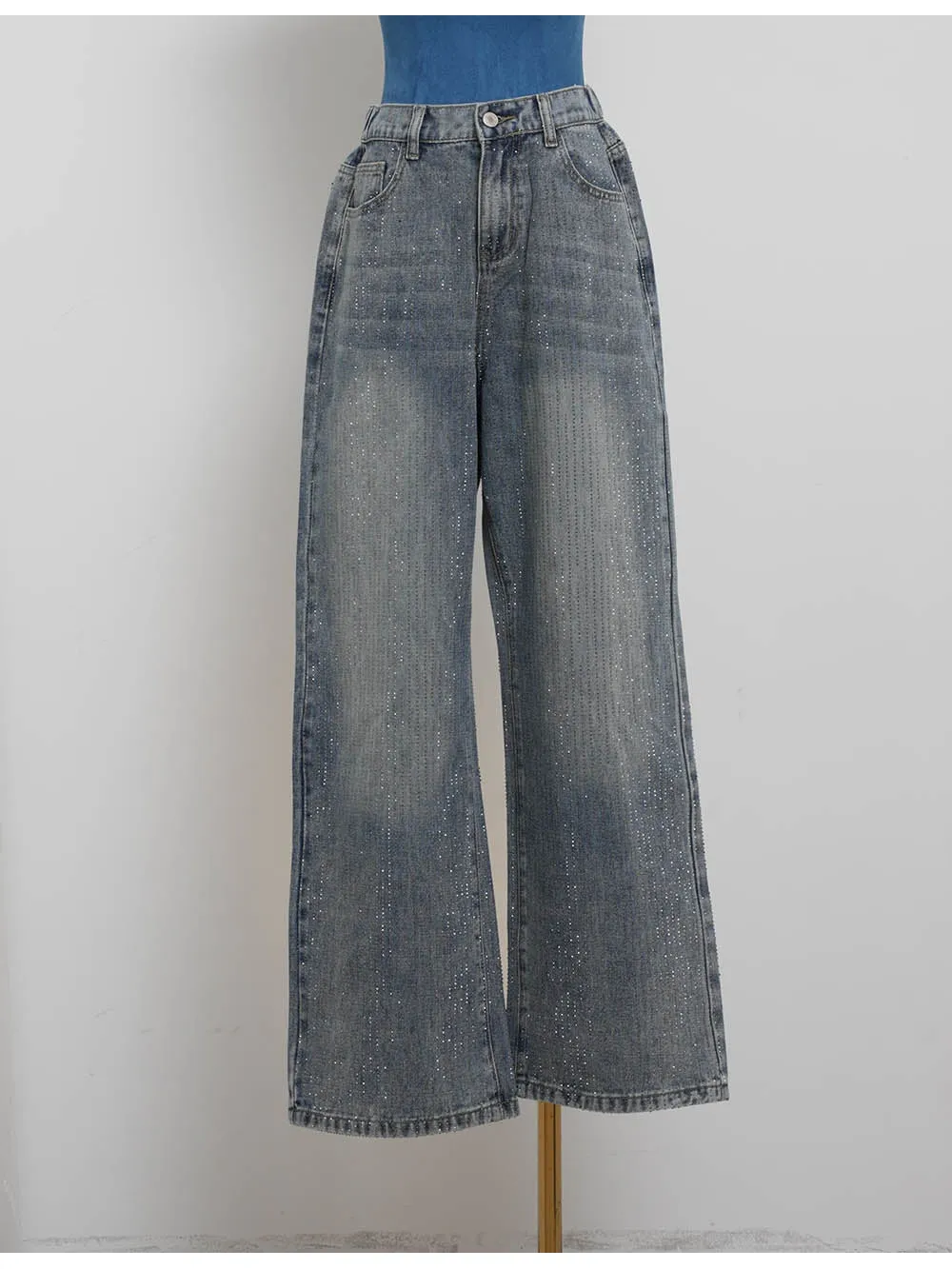 Allover Rhinestone Button Fly Wide Leg Denim Pants